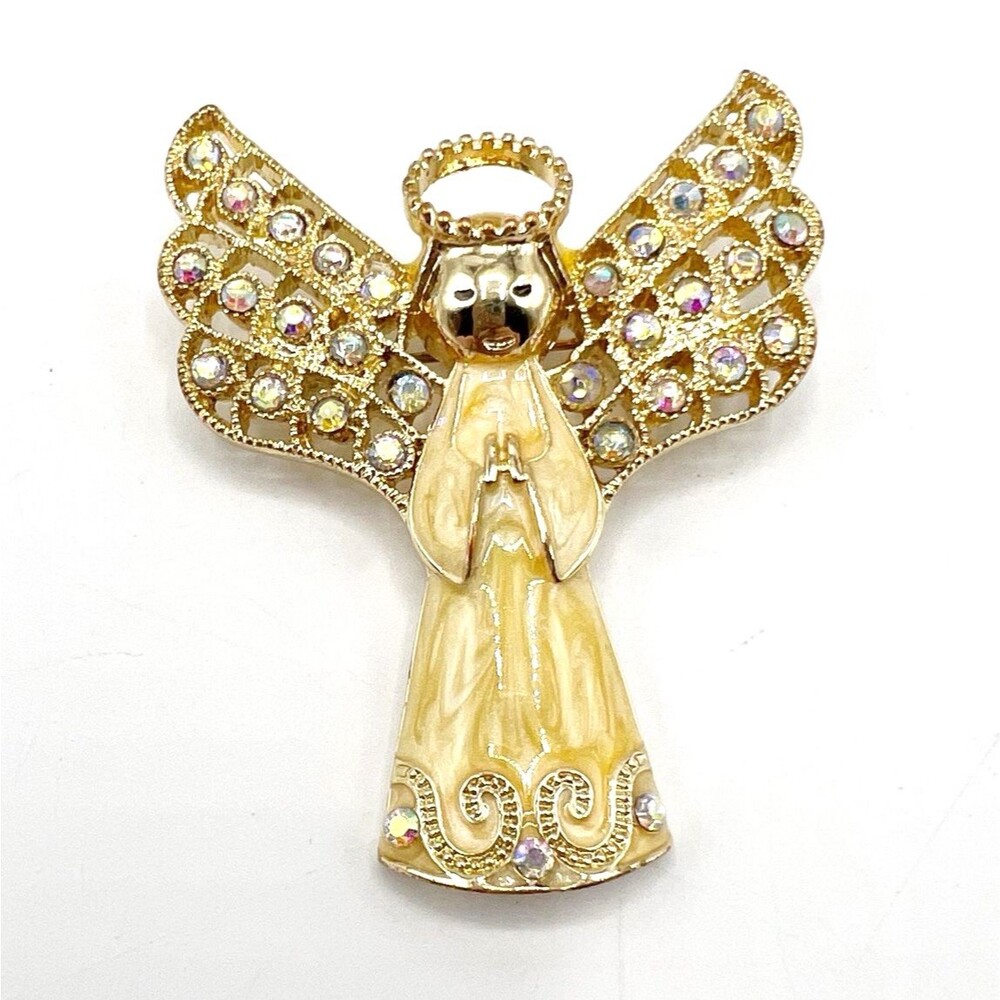 Monet Gold Tone Enameled Angel Brooch Pin Rhinestones Wings Holiday 2.25" - Picture 2 of 5